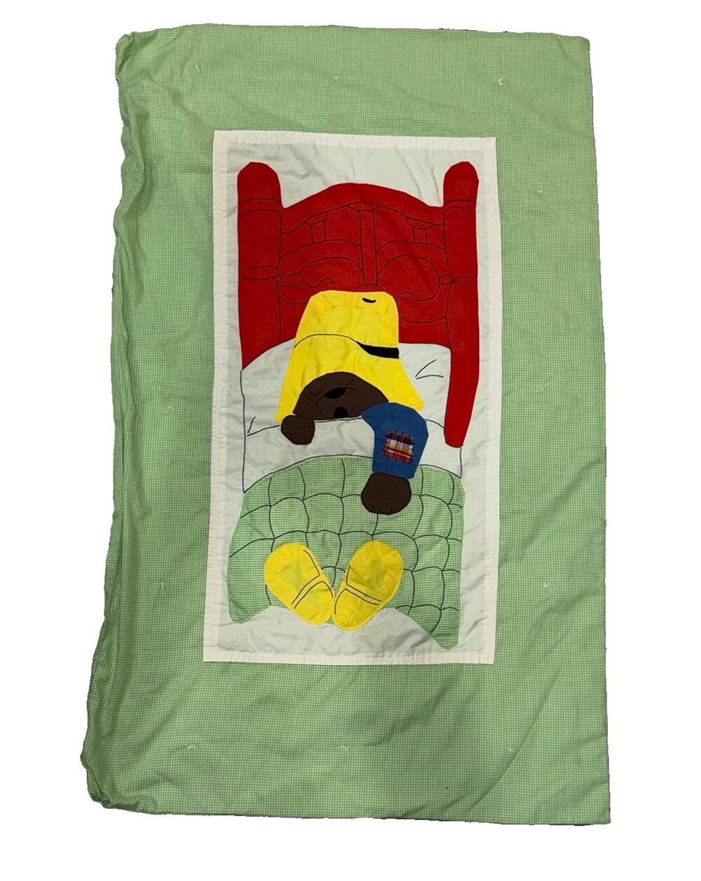 Paddington Bear Applique Green Gingham Nursery Panel Quilt 48x29